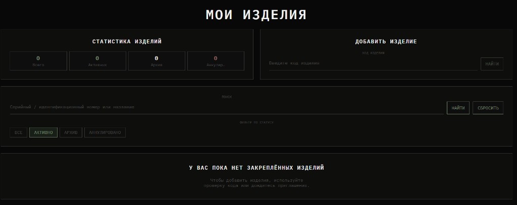 Личный кабинет клиента со списком и статистикой изделий